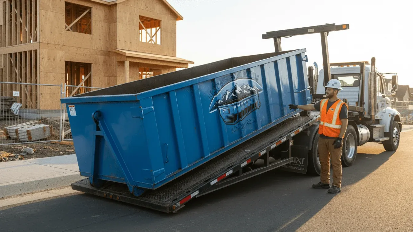 LWC Dumpster Rental crew standing with a roll-off truck and 30 yard dumpster in a Lakewood, CO driveway LWC Dumpster Rental crew standing with a roll-off truck and 30 yard dumpster in a Lakewood, CO driveway